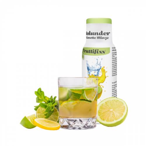 Eine Flasche Sodahome Fruchtfixx Holunder-Minze Sirup auf weißem Hintergrund. Das Etikett zeigt spritzige Zitronenscheiben, Minzblätter und einen Wasserspritzer als Serviervorschlag.