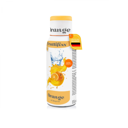 Flasche Sodahome Fruchtfixx Orange Sirup auf weißem Hintergrund. Die Verpackung zeigt eine spritzige Orangengrafik mit einem Wassersplash, kombiniert mit grünen Blättern.