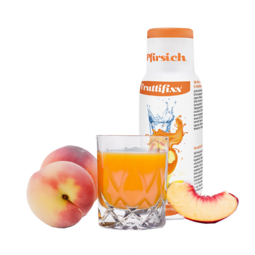 Flasche Sodahome Fruchtfixx Sirup in der Geschmacksrichtung Pfirsich, mit spritzigem Wassereffekt und Pfirsich-Motiv auf weißem Hintergrund.