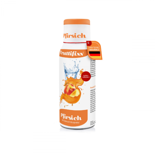 Flasche Sodahome Fruchtfixx Sirup in der Geschmacksrichtung Pfirsich, mit spritzigem Wassereffekt und Pfirsich-Motiv auf weißem Hintergrund.