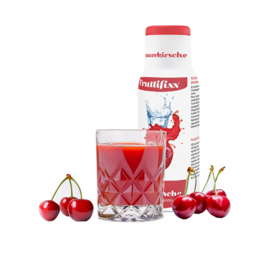 Eine Flasche Sodahome Fruttifixx Sauerkirsche Sirup mit fruchtiger Kirschen-Grafik und spritzigem Wassereffekt. Perfekt für erfrischende prickelnde Mix-Getränke.