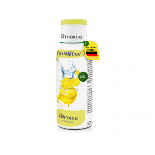 Sodahome Fruchtfixx Zitrone Sirupflasche auf weißem Hintergrund. Erfrischende Zitronen- und Minz-Illustrationen betonen den Geschmack.
