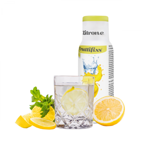 Sodahome Fruchtfixx Zitrone Sirupflasche auf weißem Hintergrund. Erfrischende Zitronen- und Minz-Illustrationen betonen den Geschmack.